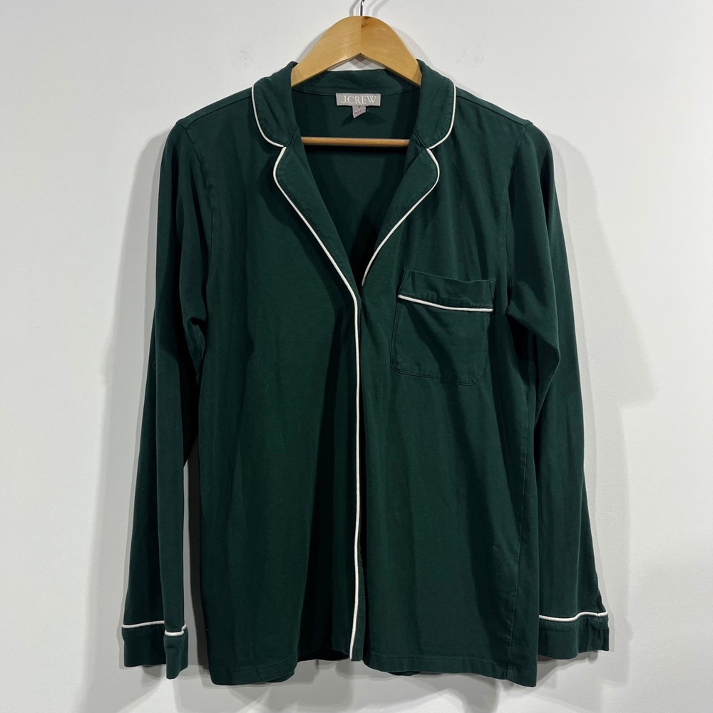 J. Crew Womens Forest‎ Green Long Sleeve Pajama Top Small Piping Preppy Classic